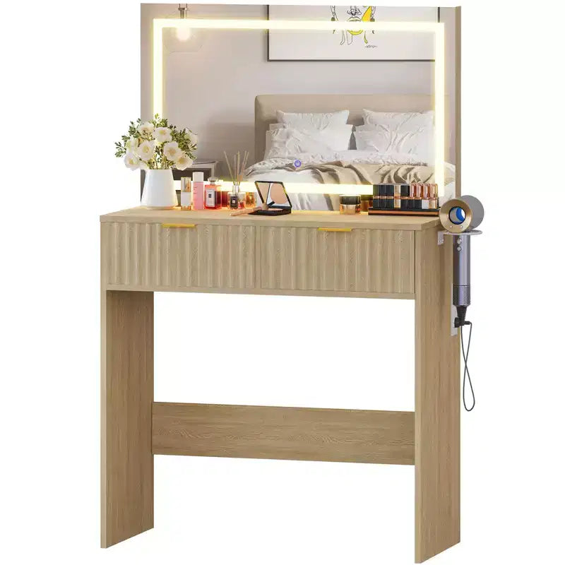 Coiffeuse cannelée avec grand miroir, 2 tiroirs, 3 modes d'éclairage, luminosité réglable et lumières intégrées pour chambre à coucher