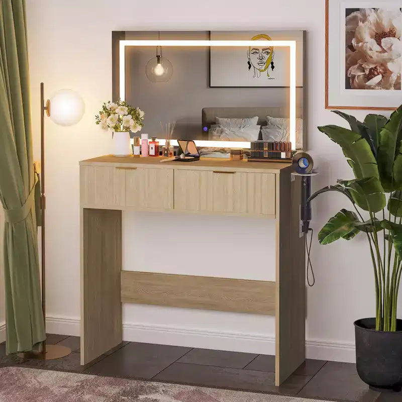 Coiffeuse cannelée avec grand miroir, 2 tiroirs, 3 modes d'éclairage, luminosité réglable et lumières intégrées pour chambre à coucher