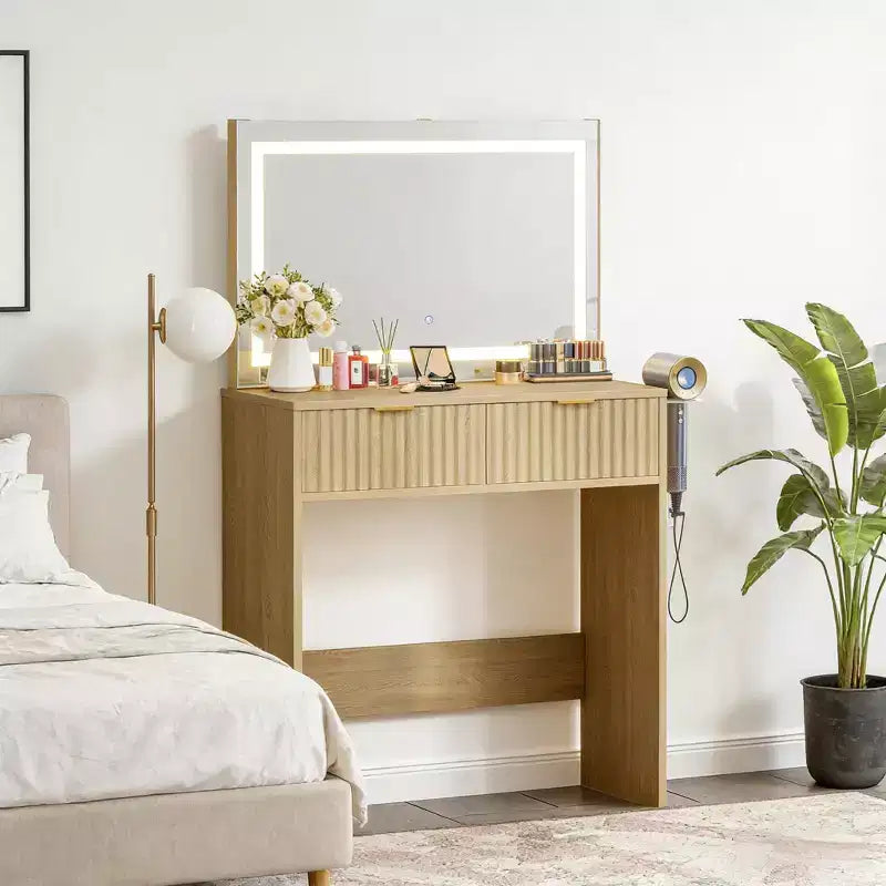 Coiffeuse cannelée avec grand miroir, 2 tiroirs, 3 modes d'éclairage, luminosité réglable et lumières intégrées pour chambre à coucher