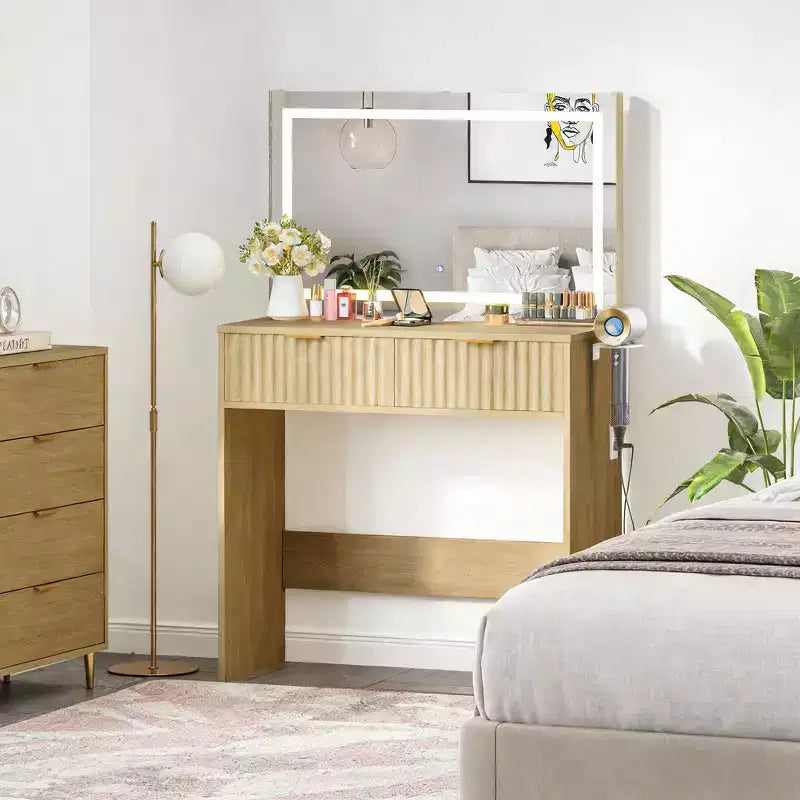 Coiffeuse cannelée avec grand miroir, 2 tiroirs, 3 modes d'éclairage, luminosité réglable et lumières intégrées pour chambre à coucher