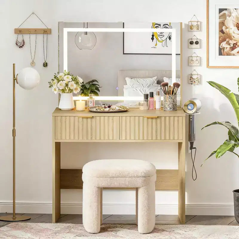 Fluted Vanity Desk with Large Mirror, 2 Drawers, 3 Lighting Modes Adjustable Brightness and Lights for Bedroom