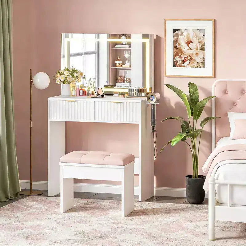 Coiffeuse cannelée avec grand miroir, 2 tiroirs, 3 modes d'éclairage, luminosité réglable et lumières intégrées pour chambre à coucher