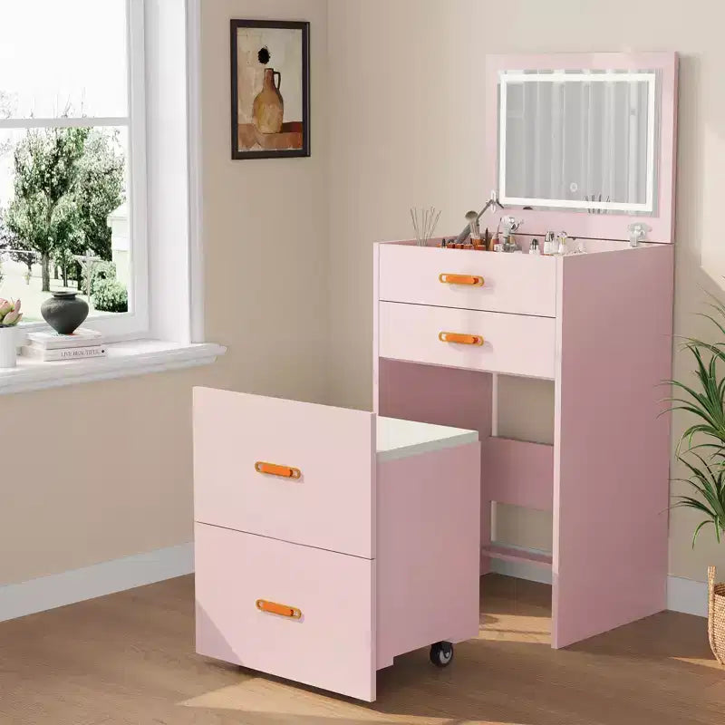 Petite coiffeuse avec miroir et lumières, ensemble de coiffeuse compact 3 en 1, table de maquillage avec 3 modes d'éclairage, chaise de rangement à roulettes pour chambre à coucher