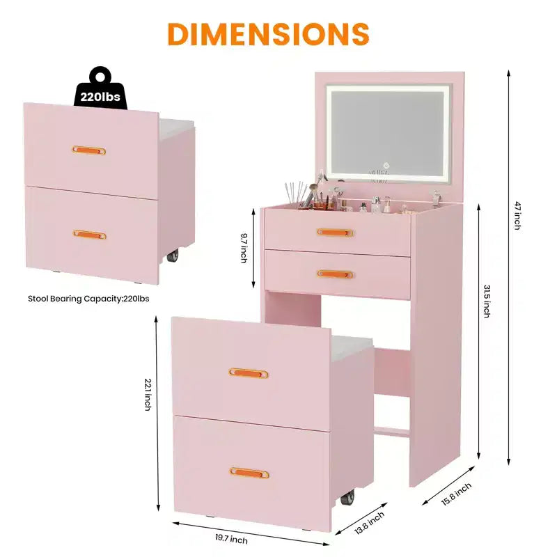 Petite coiffeuse avec miroir et lumières, ensemble de coiffeuse compact 3 en 1, table de maquillage avec 3 modes d'éclairage, chaise de rangement à roulettes pour chambre à coucher