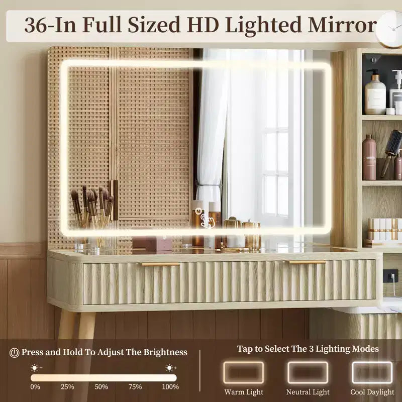 COZONY Coiffeuse 36" avec miroir lumineux, Table de maquillage en bois avec tiroirs, Finition Blanc et Chêne, Miroir LED pour chambre à coucher