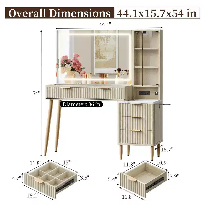 COZONY Coiffeuse 36" avec miroir lumineux, Table de maquillage en bois avec tiroirs, Finition Blanc et Chêne, Miroir LED pour chambre à coucher