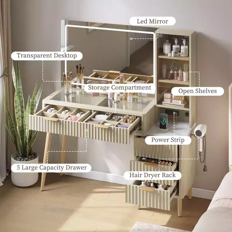 COZONY Coiffeuse 36" avec miroir lumineux, Table de maquillage en bois avec tiroirs, Finition Blanc et Chêne, Miroir LED pour chambre à coucher