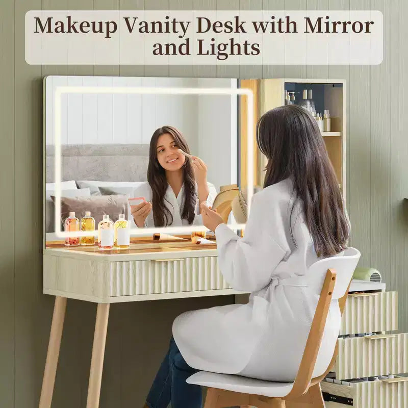 COZONY Coiffeuse 36" avec miroir lumineux, Table de maquillage en bois avec tiroirs, Finition Blanc et Chêne, Miroir LED pour chambre à coucher