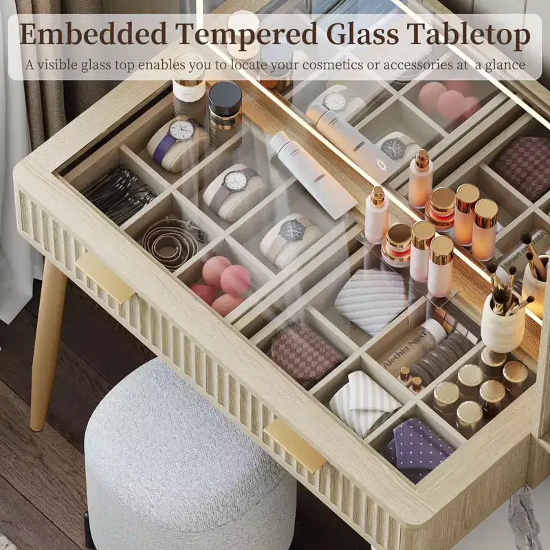 COZONY Coiffeuse 36" avec miroir lumineux, Table de maquillage en bois avec tiroirs, Finition Blanc et Chêne, Miroir LED pour chambre à coucher