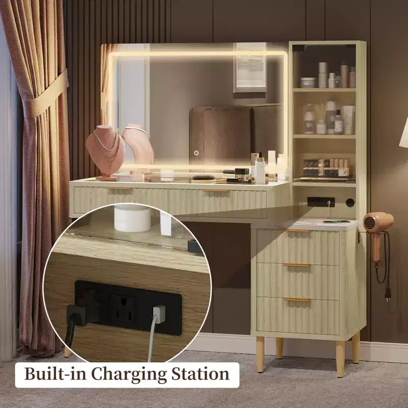 COZONY Coiffeuse 36" avec miroir lumineux, Table de maquillage en bois avec tiroirs, Finition Blanc et Chêne, Miroir LED pour chambre à coucher