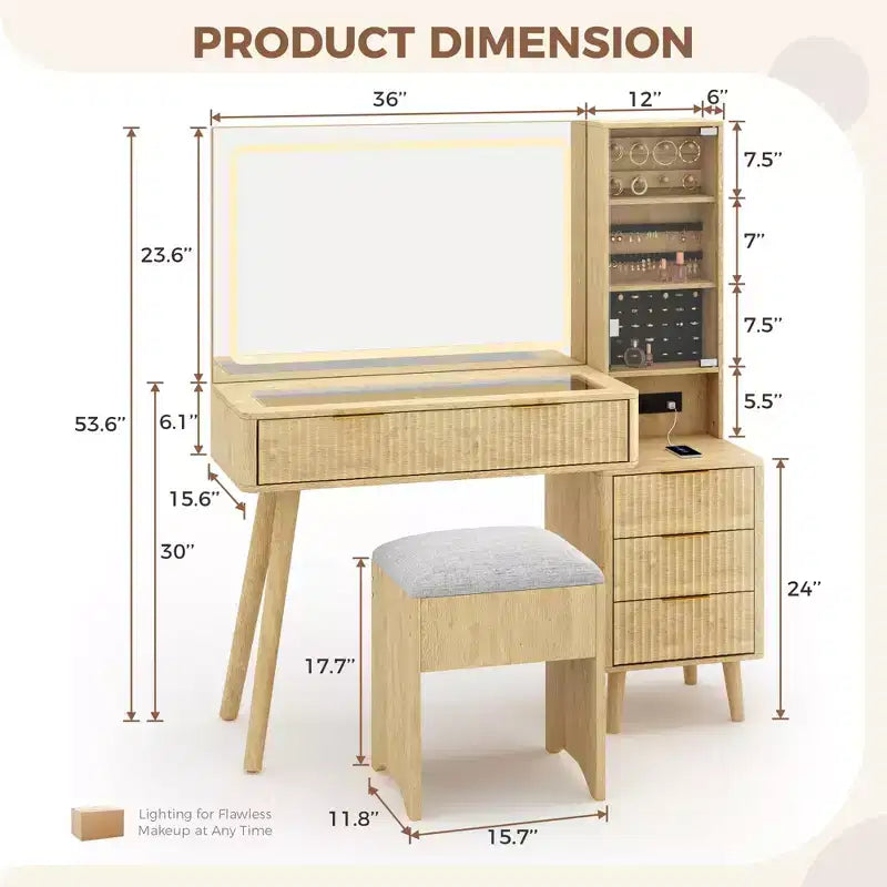 COZONY Coiffeuse 48 cannelures avec miroir et lumières LED, station de charge, tabouret de rangement capitonné pour chambre à coucher