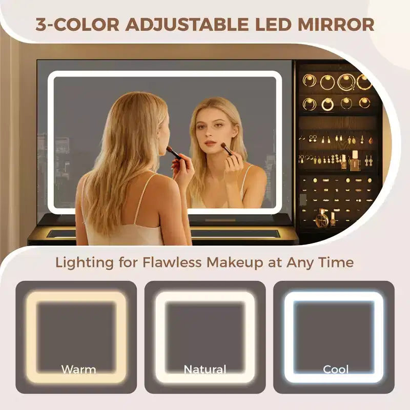COZONY Coiffeuse 48 cannelures avec miroir et lumières LED, station de charge, tabouret de rangement capitonné pour chambre à coucher