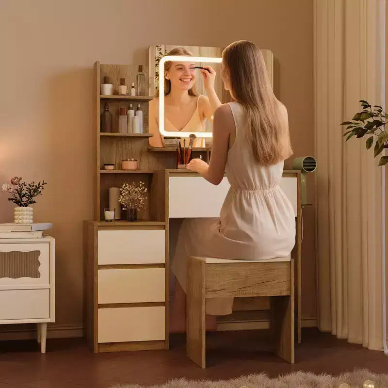 Coiffeuse Moderne avec Miroir, Table de Maquillage 91 cm avec 4 Tiroirs, Étagères de Rangement et Tabouret - Idéale pour Chambre à Coucher
