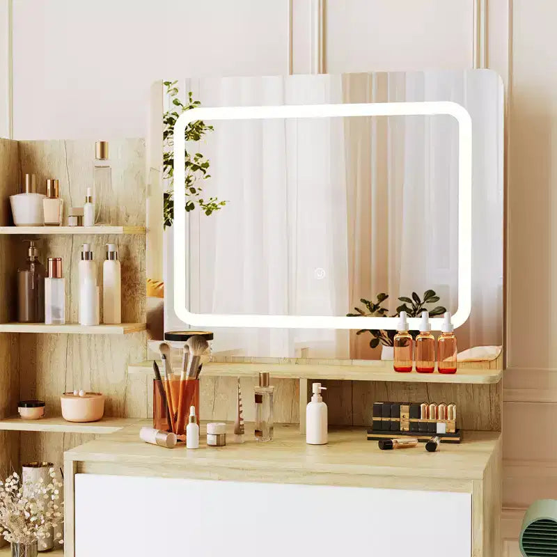 Coiffeuse Moderne avec Miroir, Table de Maquillage 91 cm avec 4 Tiroirs, Étagères de Rangement et Tabouret - Idéale pour Chambre à Coucher