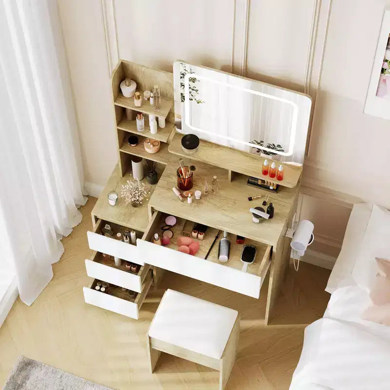 Coiffeuse Moderne avec Miroir, Table de Maquillage 91 cm avec 4 Tiroirs, Étagères de Rangement et Tabouret - Idéale pour Chambre à Coucher
