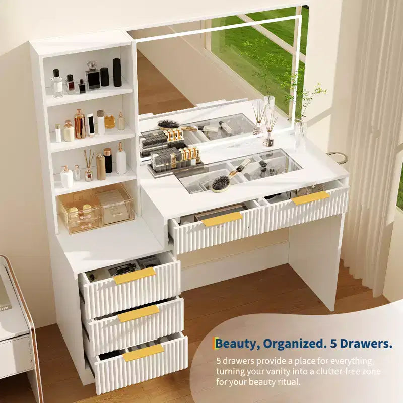Coiffeuse avec prises électriques et ports USB, coiffeuse cannelée avec 5 tiroirs de rangement