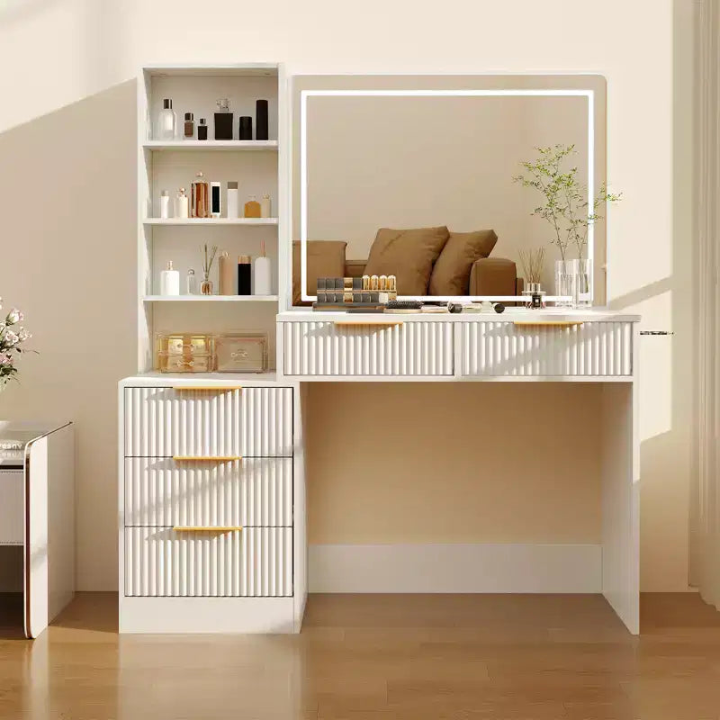 Coiffeuse avec prises électriques et ports USB, coiffeuse cannelée avec 5 tiroirs de rangement
