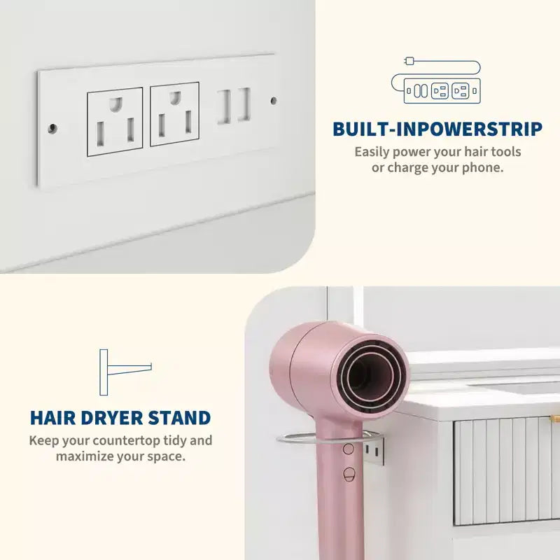Coiffeuse avec prises électriques et ports USB, coiffeuse cannelée avec 5 tiroirs de rangement