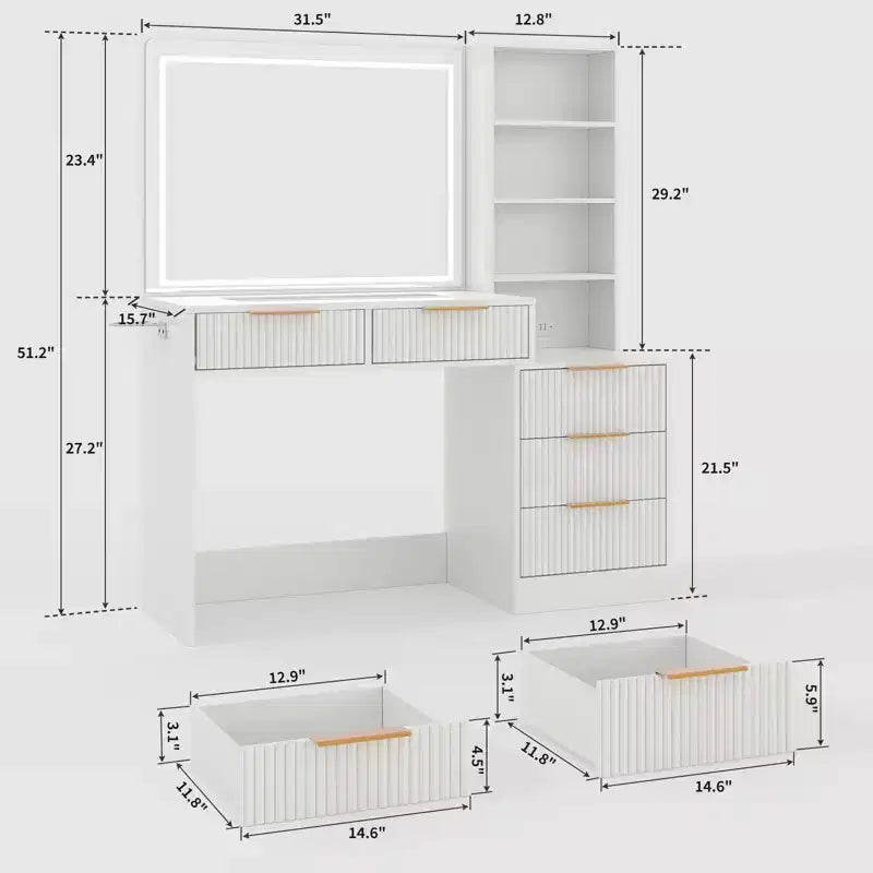 Coiffeuse avec prises électriques et ports USB, coiffeuse cannelée avec 5 tiroirs de rangement