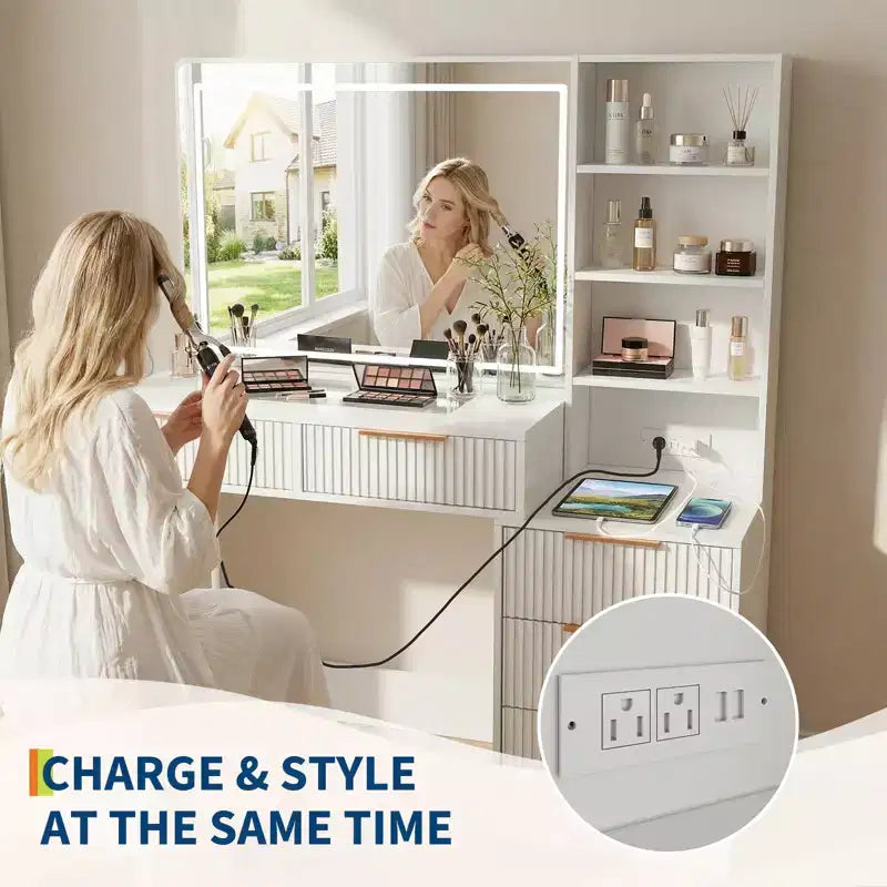 Coiffeuse avec prises électriques et ports USB, coiffeuse cannelée avec 5 tiroirs de rangement