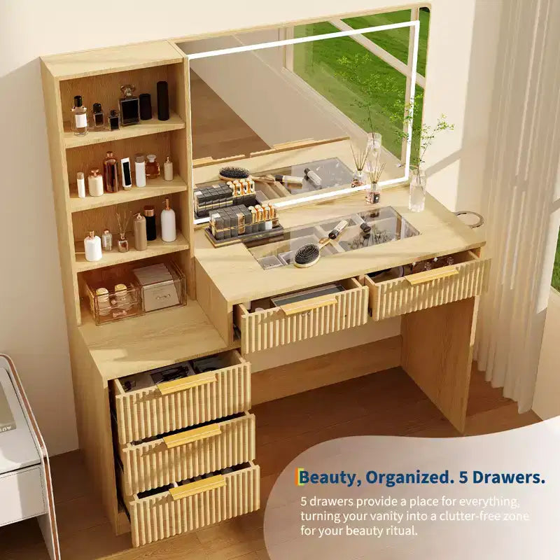 Coiffeuse avec prises électriques et ports USB, coiffeuse cannelée avec 5 tiroirs de rangement
