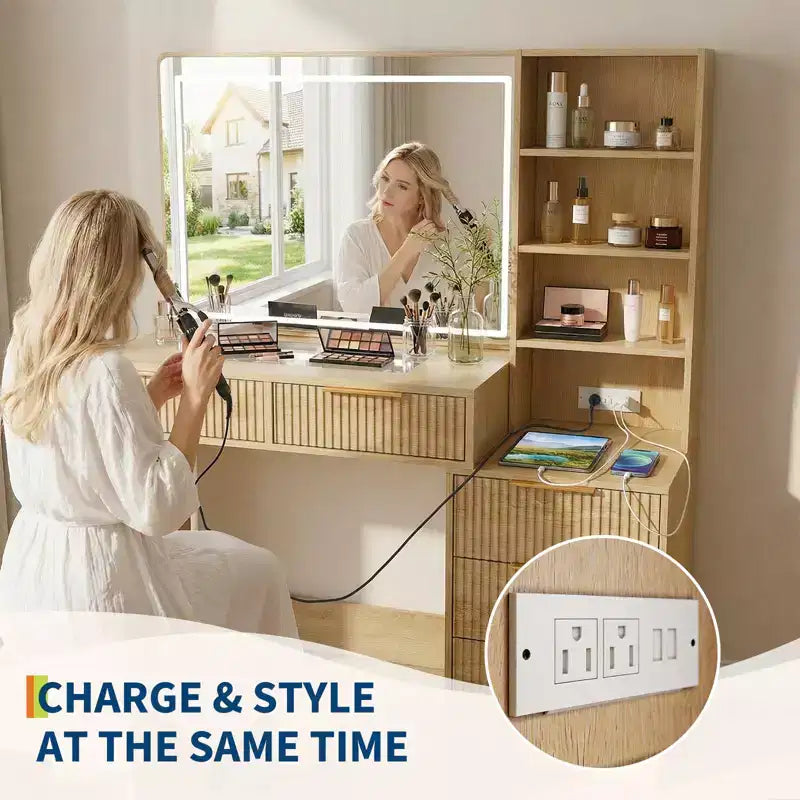 Coiffeuse avec prises électriques et ports USB, coiffeuse cannelée avec 5 tiroirs de rangement