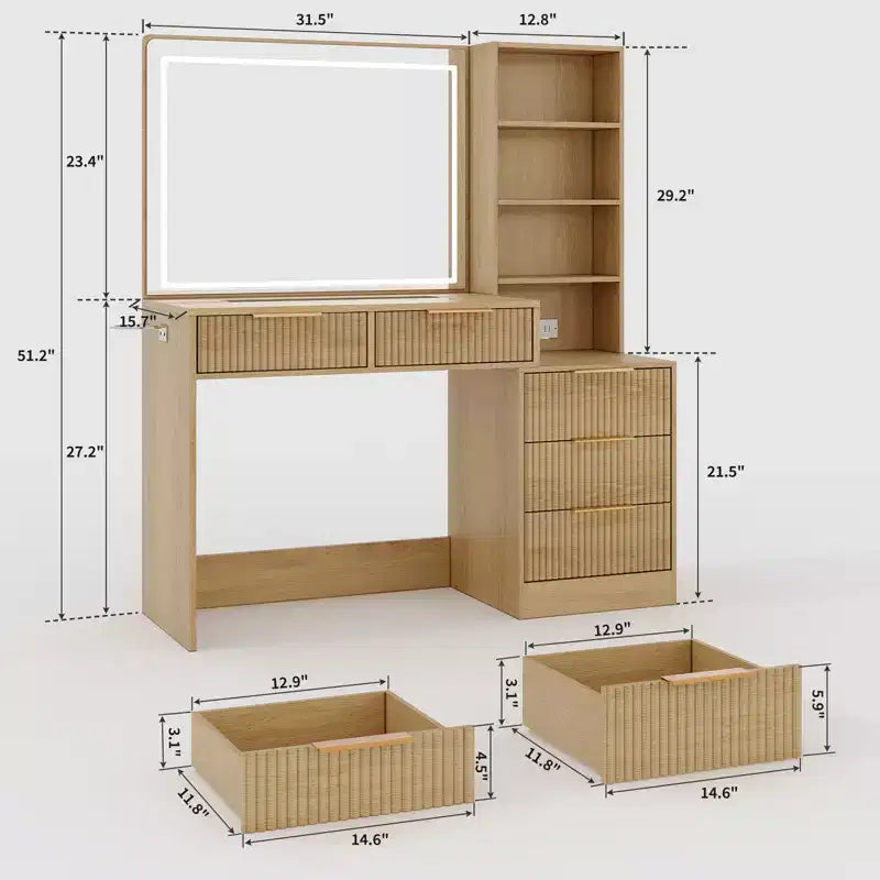 Coiffeuse avec prises électriques et ports USB, coiffeuse cannelée avec 5 tiroirs de rangement