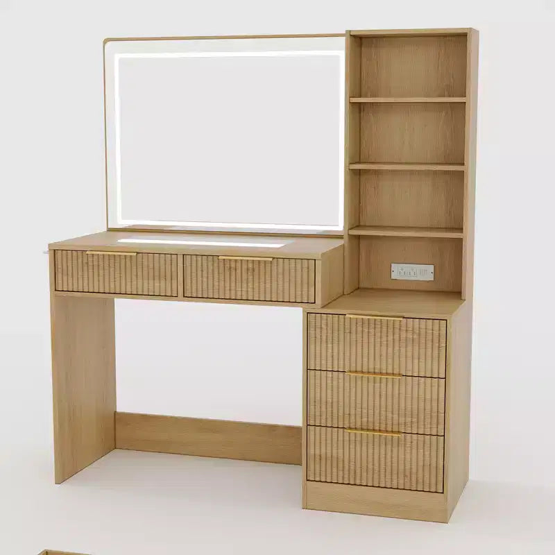 Coiffeuse avec prises électriques et ports USB, coiffeuse cannelée avec 5 tiroirs de rangement