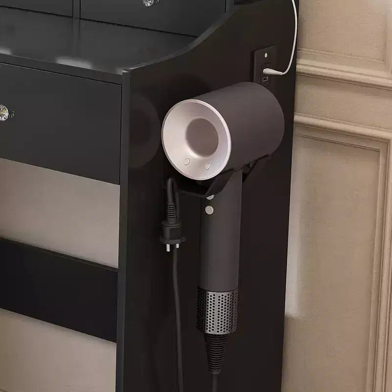 Coiffeuse avec grand miroir, prise électrique, 5 tiroirs et 3 modes d'éclairage, noir