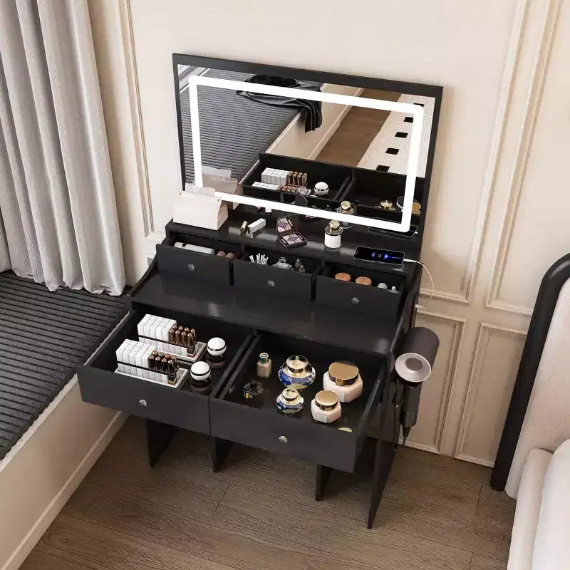 Coiffeuse avec grand miroir, prise électrique, 5 tiroirs et 3 modes d'éclairage, noir