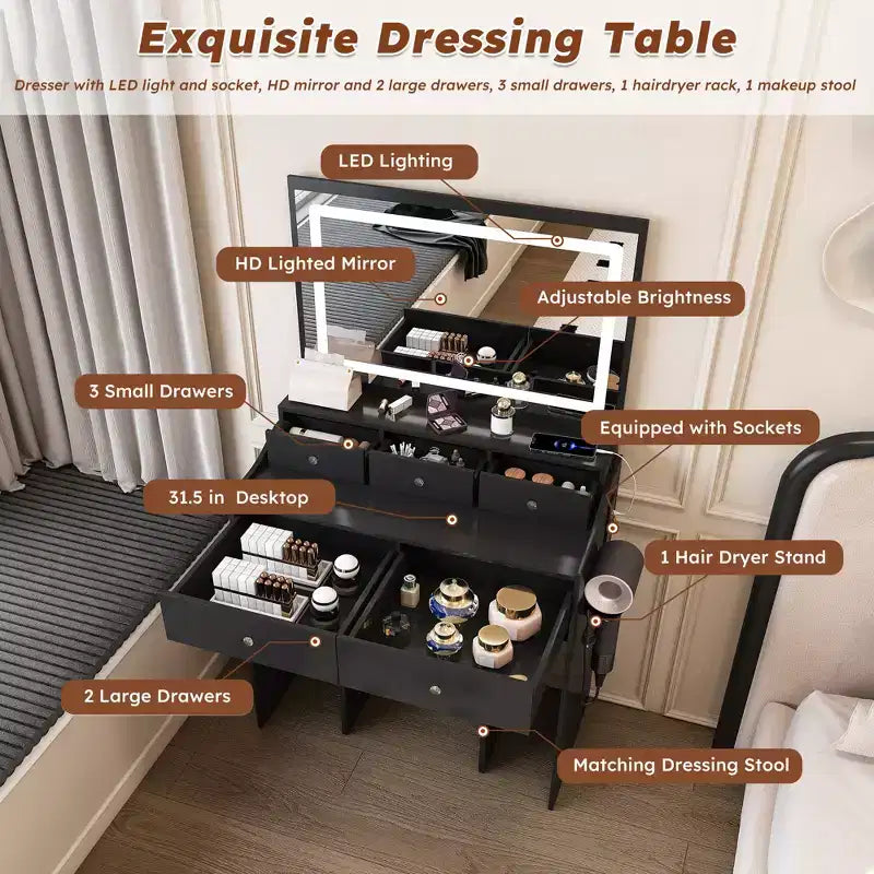 Coiffeuse avec grand miroir, prise électrique, 5 tiroirs et 3 modes d'éclairage, noir