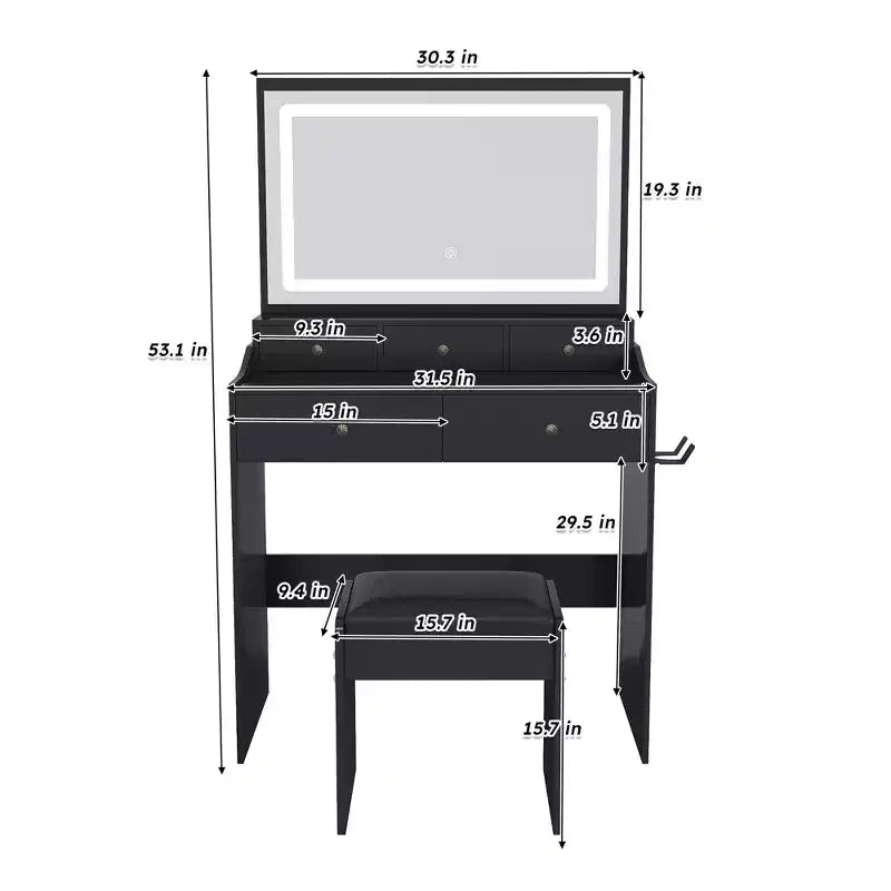 Coiffeuse avec grand miroir, prise électrique, 5 tiroirs et 3 modes d'éclairage, noir