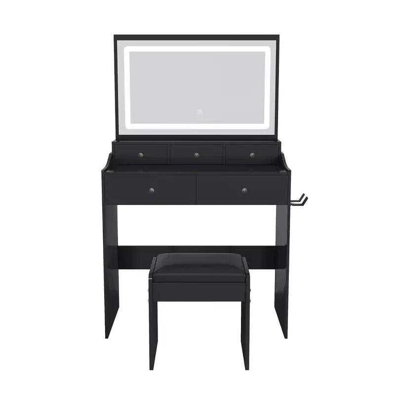 Coiffeuse avec grand miroir, prise électrique, 5 tiroirs et 3 modes d'éclairage, noir