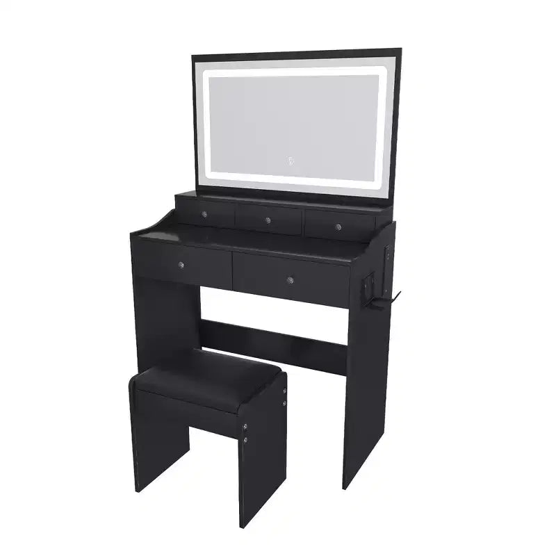 Coiffeuse avec grand miroir, prise électrique, 5 tiroirs et 3 modes d'éclairage, noir