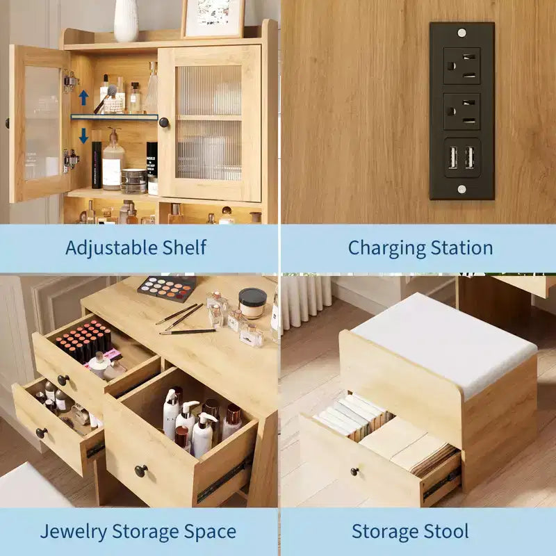 Coiffeuse 3-en-1, ensemble de coiffeuse haute avec 2 prises CA et USB-C, table de maquillage avec tiroirs et portes en acrylique, miroir de coiffeuse de chevet, boîte à bijoux