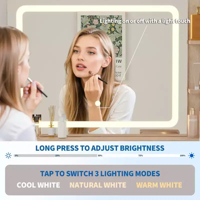 Coiffeuse LED de 80 cm avec miroir éclairé, 2 tiroirs, 3 modes d'éclairage et prise intégrée pour rangement de chambre