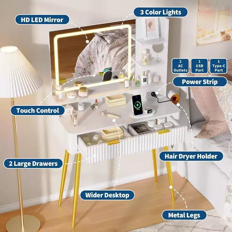 Coiffeuse LED de 80 cm avec miroir éclairé, 2 tiroirs, 3 modes d'éclairage et prise intégrée pour rangement de chambre