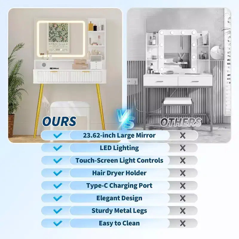 Coiffeuse LED de 80 cm avec miroir éclairé, 2 tiroirs, 3 modes d'éclairage et prise intégrée pour rangement de chambre