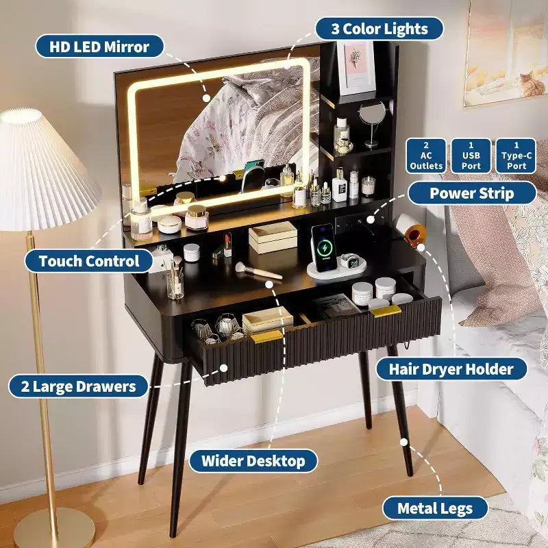 Coiffeuse LED de 80 cm avec miroir éclairé, 2 tiroirs, 3 modes d'éclairage et prise intégrée pour rangement de chambre