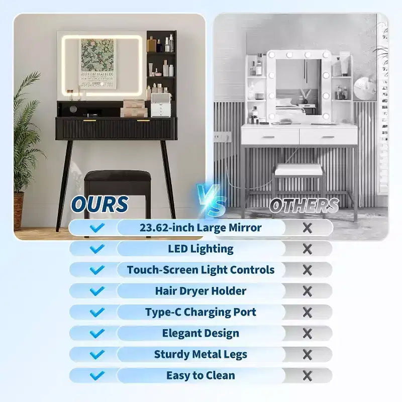 Coiffeuse LED de 80 cm avec miroir éclairé, 2 tiroirs, 3 modes d'éclairage et prise intégrée pour rangement de chambre