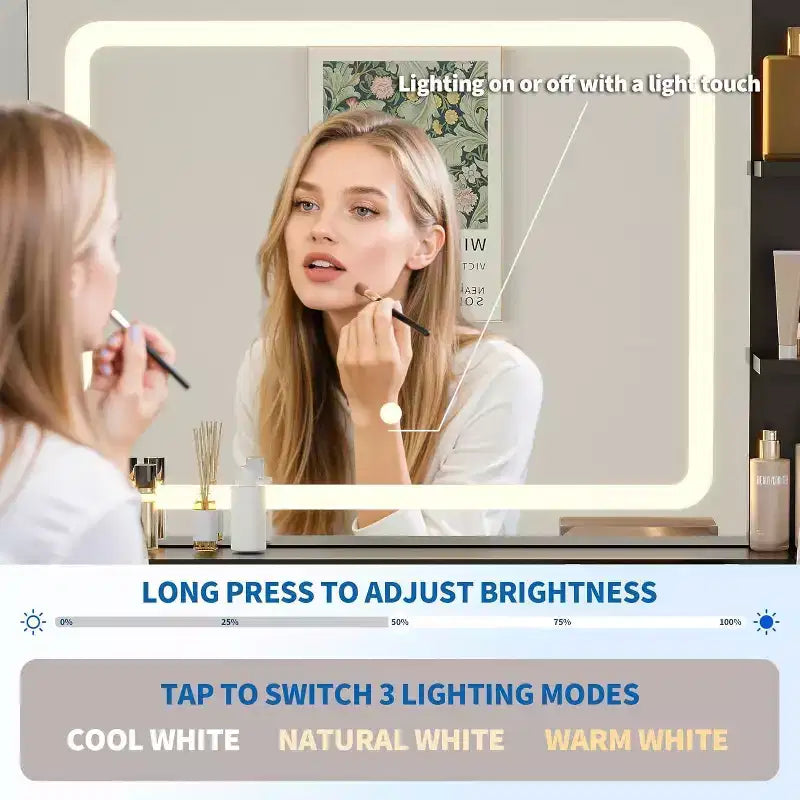Coiffeuse LED de 80 cm avec miroir éclairé, 2 tiroirs, 3 modes d'éclairage et prise intégrée pour rangement de chambre