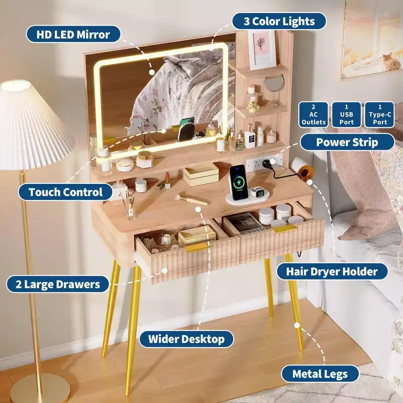 Coiffeuse LED de 80 cm avec miroir éclairé, 2 tiroirs, 3 modes d'éclairage et prise intégrée pour rangement de chambre