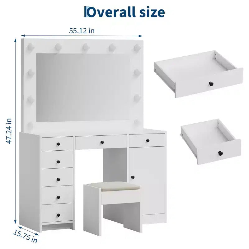 Coiffeuse de Maquillage de 120 cm avec Miroir, 7 Tiroirs de Rangement et 1 Porte, Table de Maquillage Moderne en Bois, pour Maison, Salon