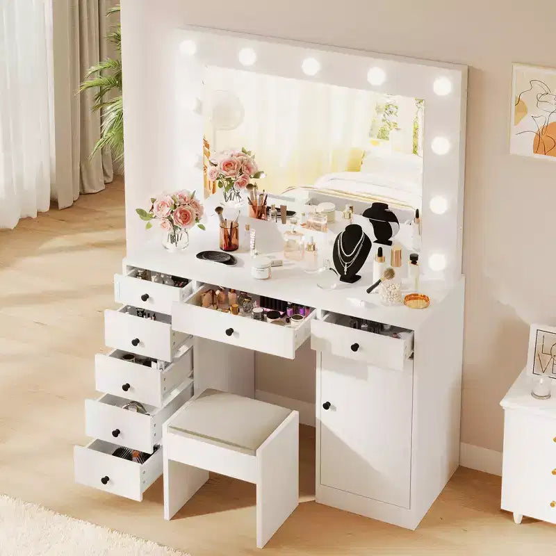 Coiffeuse de Maquillage de 120 cm avec Miroir, 7 Tiroirs de Rangement et 1 Porte, Table de Maquillage Moderne en Bois, pour Maison, Salon