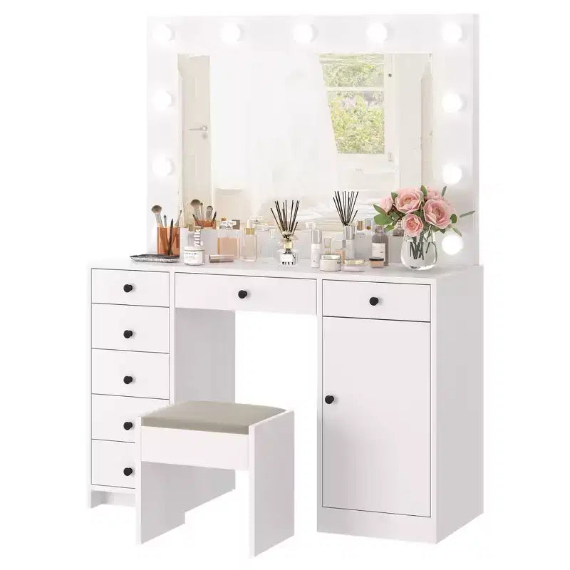 Coiffeuse de Maquillage de 120 cm avec Miroir, 7 Tiroirs de Rangement et 1 Porte, Table de Maquillage Moderne en Bois, pour Maison, Salon