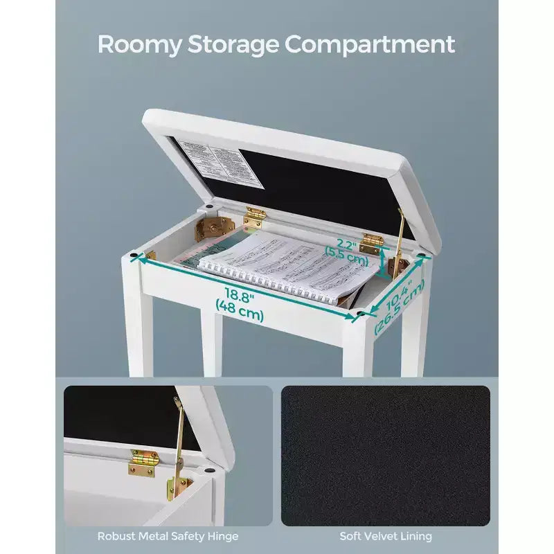 Banc de piano SONGMICS avec coussin rembourré et compartiment de rangement pour partitions, tabouret de coiffeuse, siège de piano capitonné en bois