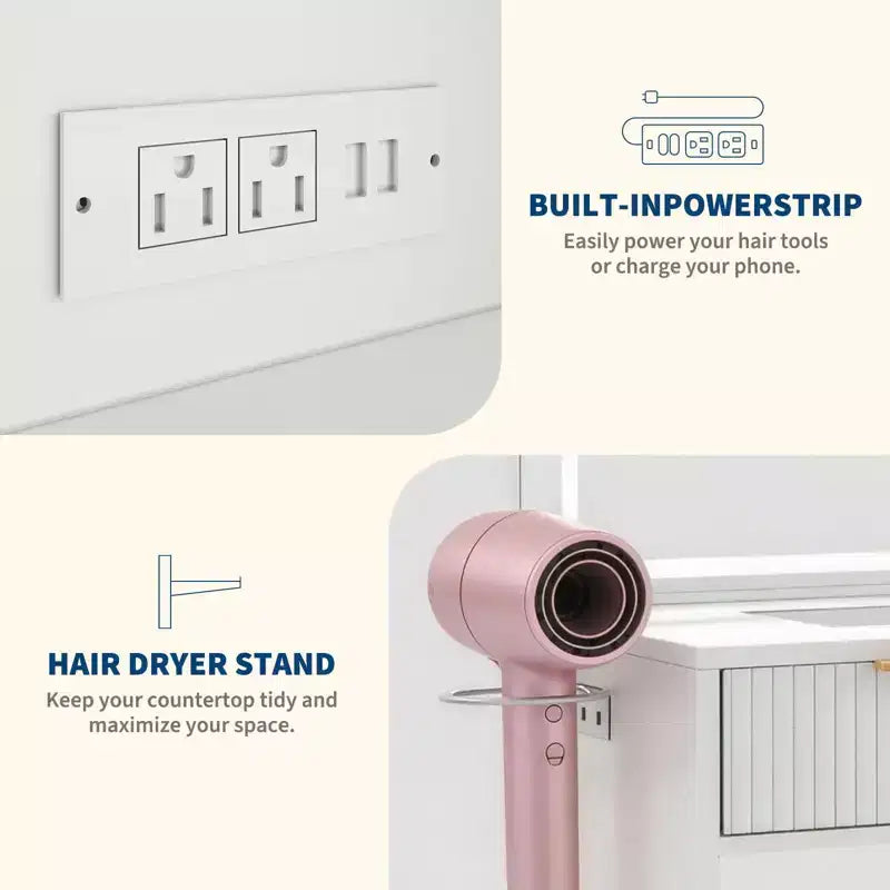 Coiffeuse GustoWave avec miroir, 5 tiroirs, plateau en verre, support pour sèche-cheveux, table de maquillage texturée en forme de vague pour chambre à coucher