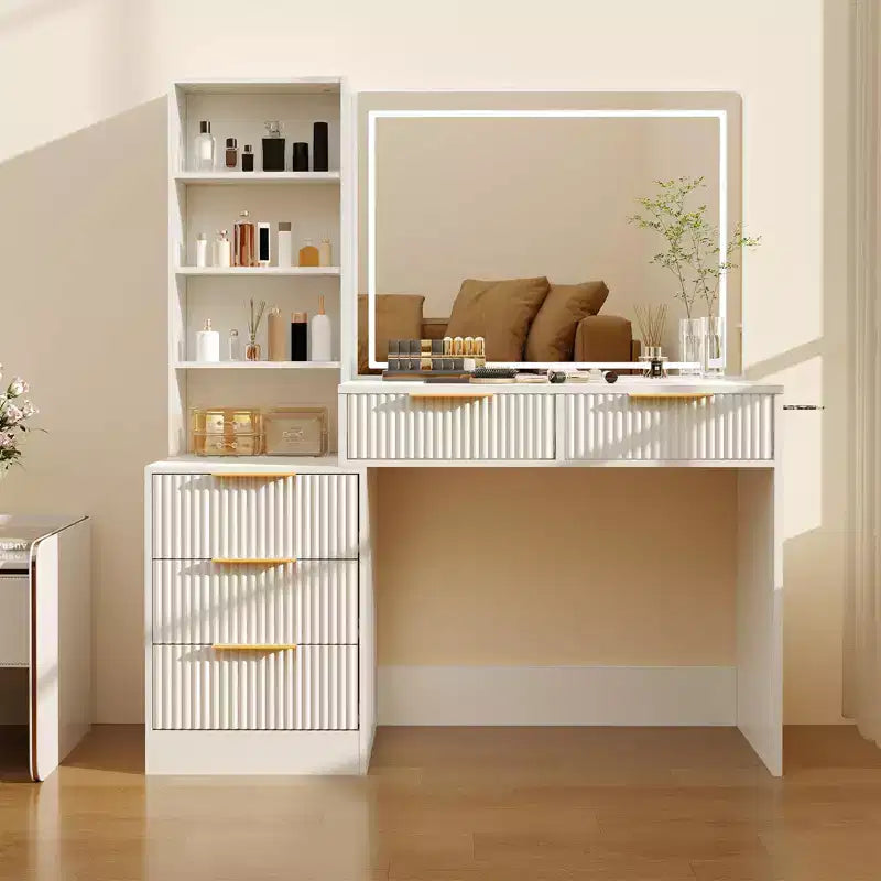 Coiffeuse GustoWave avec miroir, 5 tiroirs, plateau en verre, support pour sèche-cheveux, table de maquillage texturée en forme de vague pour chambre à coucher