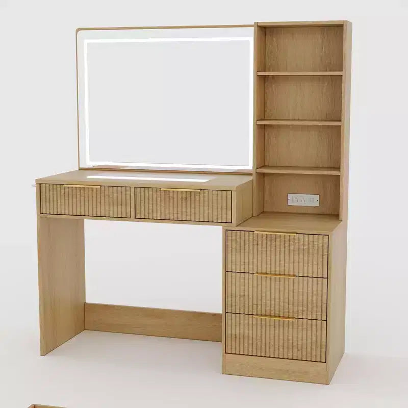Coiffeuse GustoWave avec miroir, 5 tiroirs, plateau en verre, support pour sèche-cheveux, table de maquillage texturée en forme de vague pour chambre à coucher