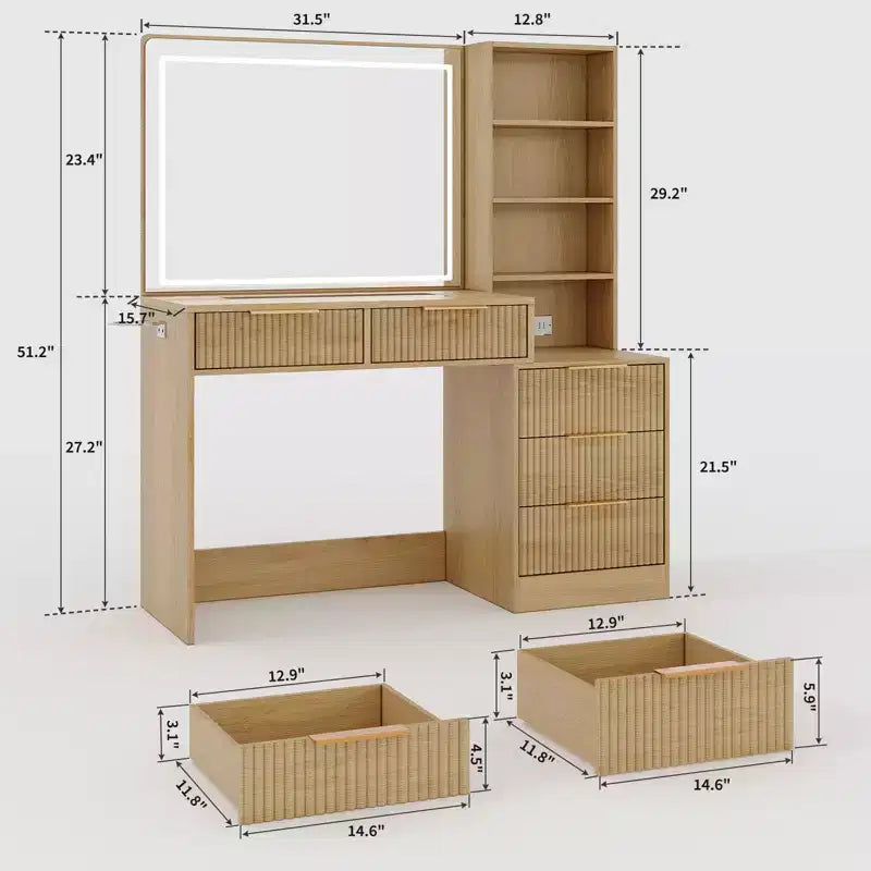 Coiffeuse GustoWave avec miroir, 5 tiroirs, plateau en verre, support pour sèche-cheveux, table de maquillage texturée en forme de vague pour chambre à coucher